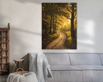 Het Gouden Pad bij Schemering: Een serene reis door een zonovergoten bos van Artistic