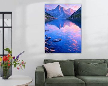 L'étreinte de la sérénité : Montagnes majestueuses reflétant les teintes de l'aube au-dessus d'un lac alpin paisible.
