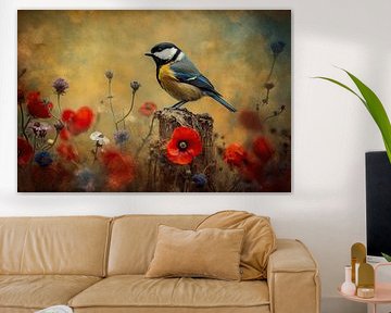 Koolmees Schilderij met Rode Klaprozen van Joriali fotografie en schilderijen