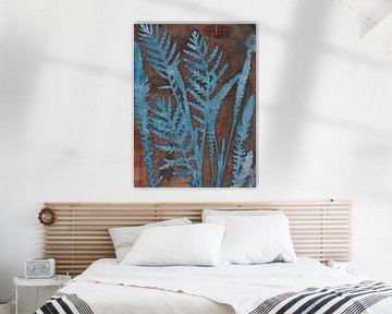 Botanical leaves in cobalt blue and muted earthy textures by Dina Dankers