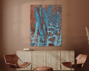 Botanical leaves monotype in cobalt blue and rusty brown by Dina Dankers