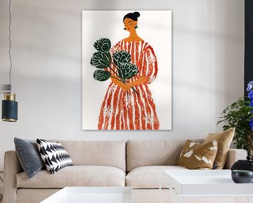 Vrouw in rode bloemenjurk met groene bladeren – moderne schilderstijl vol warmte en rust