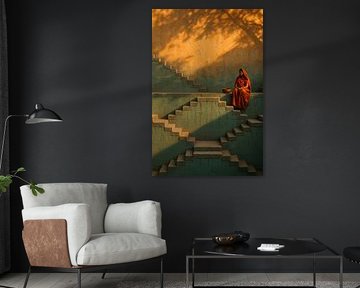 Vrouw in rood gewaad bij trapput – zonlicht en schaduwen in een tijdloos decor
