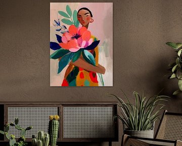 Vrouw met grote kleurrijke bloem – moderne schilderstijl vol expressie en warmte