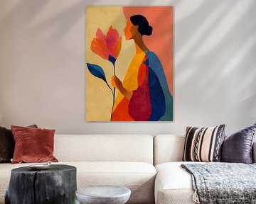 Vrouw met grote bloem – abstract portret in warme en gedurfde kleurvlakken