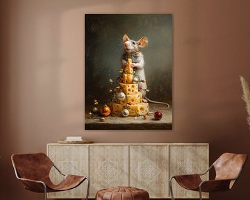 Souris de Noël avec arbre à fromage et boules scintillantes - peinture à l'huile ludique sur But First Framing