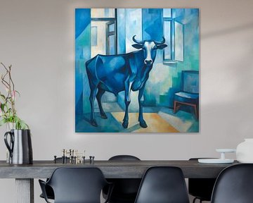 Blaue Kuh in einem Raum