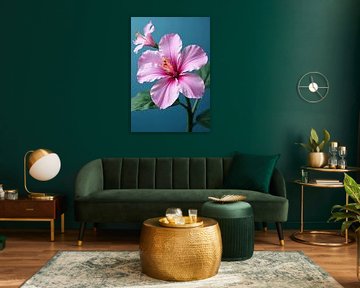 Rosa Hibiskus Blume mit Knospe und Blätter gegen Teal Hintergrund