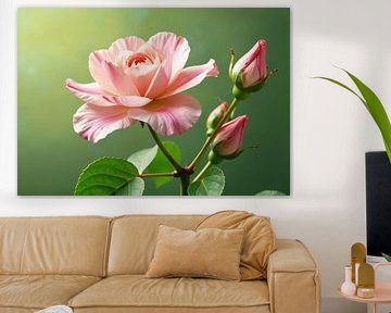 Rosa Rosenblüte mit zwei Knospen und grünem Laub