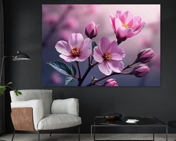Roze bloesems en knoppen op tak