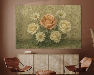 Still life of flowers - roses and daisies in soft tones