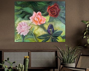 Symphonie der Blumen - Drei Rosen und ein Rhododendron