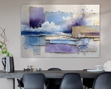 Abstract schilderij in lila en beige met zachte lijnen