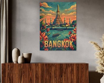 Mystical Bangkok River and Temple Retro Art Print