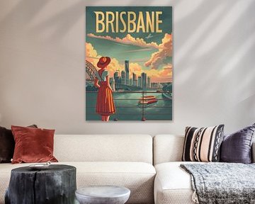 Brisbane rivier romantiek: Retro Stadsgezicht Poster van Travel Shop