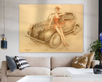 Model and classic car - Vintage car painting by Marita Zacharias
