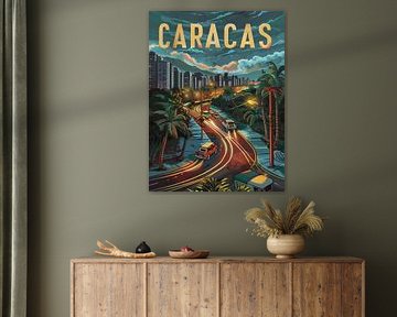 Dämmerung in Caracas: Palmengesäumte Straßen Retro-Kunstdruck von Travel Shop