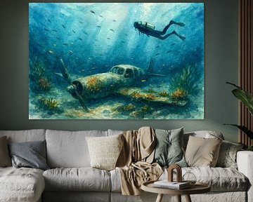 Scuba diver bij gezonken vliegtuigwrak (AI) (zeebodem, oceaan, luchtvaart, wrak, diepzee, aquarel, schilderij, vissen, koraal )