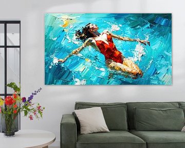 Femme en maillot de bain rouge - un flottement entre abandon et apesanteur, porté par le bleu de l'eau et la profondeur de la couleur sur AidasignArt