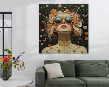 Bloemen Vrouw | Blonde Vrouw Zonnebril Bloemen van Blikvanger Schilderijen