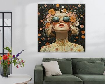 Fleurs Femme | Blonde Femme Lunettes de soleil Fleurs sur Peintures accrocheuses