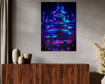 Sanctuaire japonais futuriste de style cyberpunk
