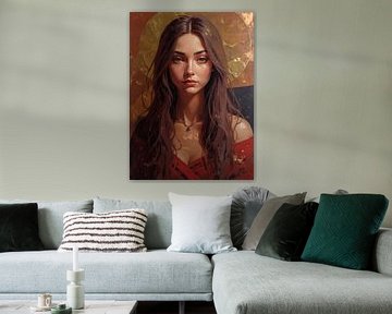 Portrait of young woman with gold leaf and red dress
