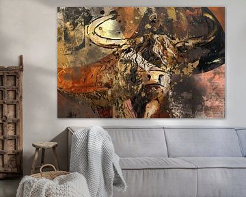 Mixed media hooglander - bladgoud roze zwart oranje roest warme aarde kleuren van Emiel de Lange