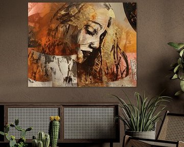Mixed media portrait woman - expressive artwork with pink red beige orange and gold