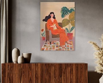 Vrouw met kat in woonkamer met warme aardetinten van Caroline Bonne Müller