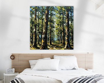 Le chemin de la lumière dorée : Une peinture à l'huile à la palette vibrante et texturée d'une forêt enchantée