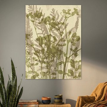 Japandi botanical art in green, taupe and white