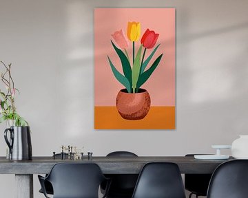 Trois tulipes en pot sur la table