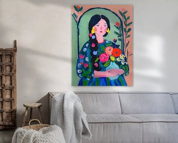 Kleurrijk portret van vrouw met bloemen en lange vlecht in expressieve stijl