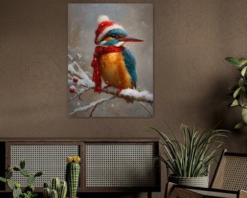 Kleurrijke ijsvogel in kerstoutfit met rode muts en sjaal in de sneeuw van But First Framing
