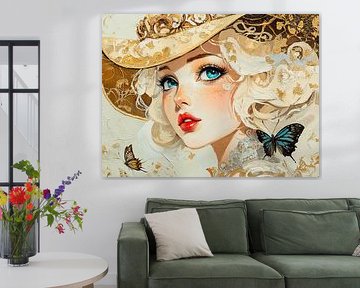 Vrouw met Grote Ogen en Gouden Accenten van Blikvanger Schilderijen