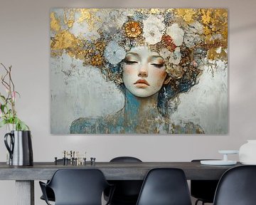 Florales Porträt | Frau mit goldenen Blumen