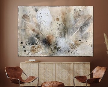 Abstract painting beige with feathers and sand shades by Joriali Abstract