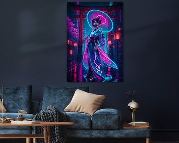 Cyberpunk Style Anime Kimono Girl Torii Gate Japon