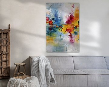 Abstract landschap schilderij – Blauw geel rood