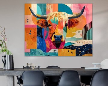 Levendig modern figuratief en geometrisch kunstwerk hooglander kop van Emiel de Lange
