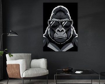 Graustufen-Gorilla mit Sonnenbrille und Stadtbild-Reflexion