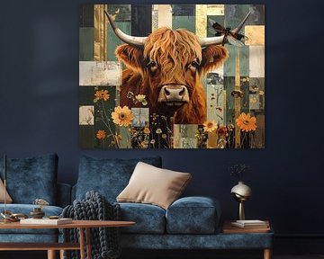Collage artwork Scottish highlander with flowers and dragonfly against green and gold background