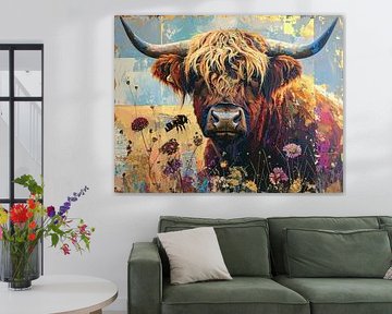 Schotse hooglander schilderij in kleurige stijl van Emiel de Lange