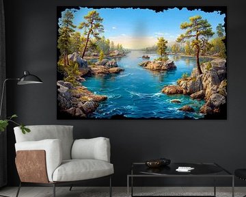 beautiful view over the water with rocks and trees
