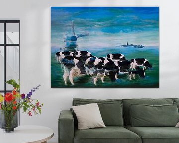 De koeien vervagen in de mist op het land in een Zuid-Hollands landschap. van Kleurrijke diepgang