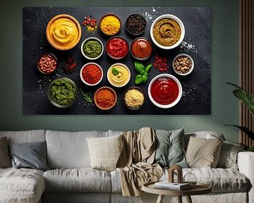Range of colourful spices and sauces, including turmeric by Mustafa Kurnaz