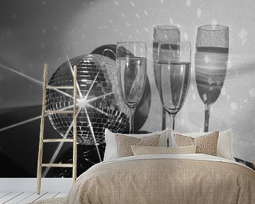 Sparkling Disco Ball Champagne Glasses Retro Black and White Holiday Party Photography Wall Decor