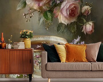 Schokoladenkuchen mit Tee und Rosen – Romantisches Stillleben