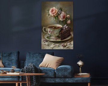Chocolate Cake with Tea and Roses - Romantic Still Life by Joriali photography and paintings